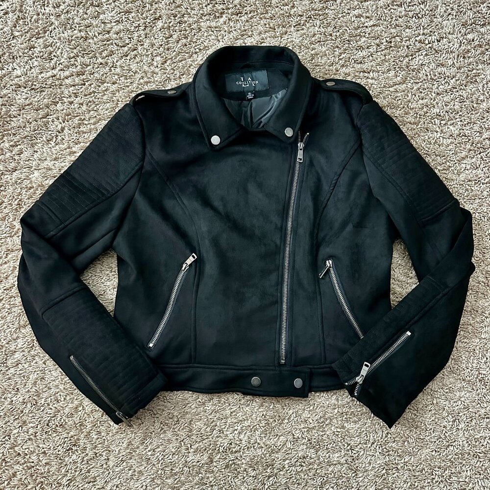 NEW Women's Coalition Black Faux Suede Moto Jacket, Size XL